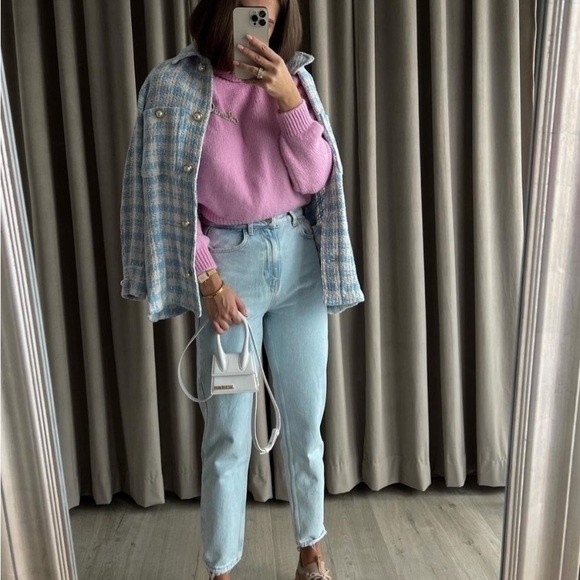 Zara Blue White Houndstooth Tweed Pearl Jewel Button Overshirt Shacket Jacket M - Picture 10 of 11